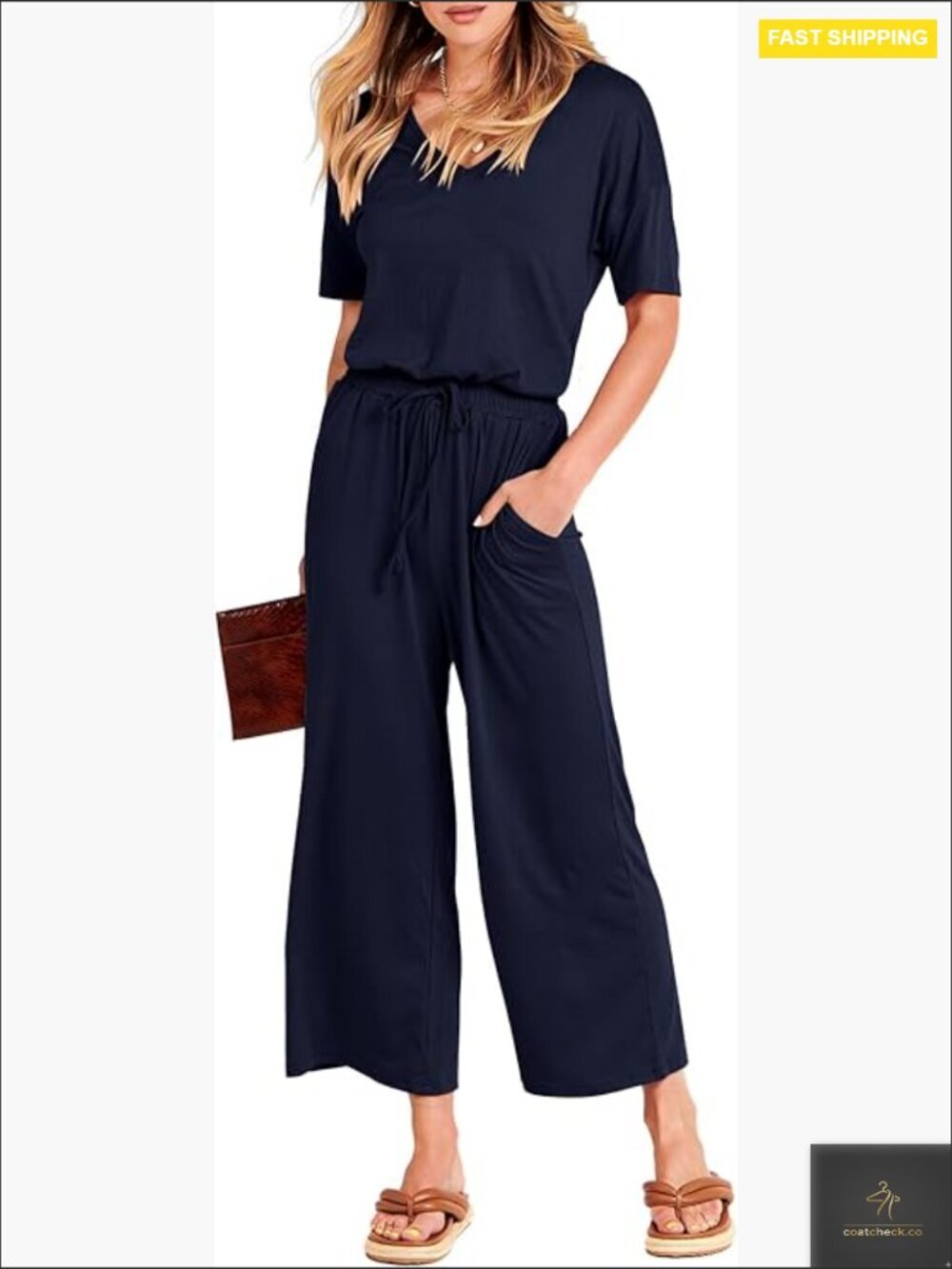 V-Neck Short Sleeve Wide Leg Jumpsuit Casual Summer Romper with Pockets